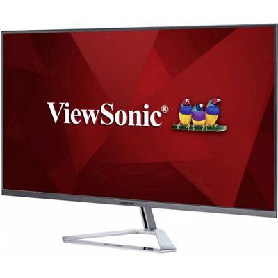 Ein Computerbildschirm der Marke ViewSonic zeigt das Markenlogo und drei bunte Vögel auf rotem Hintergrund.