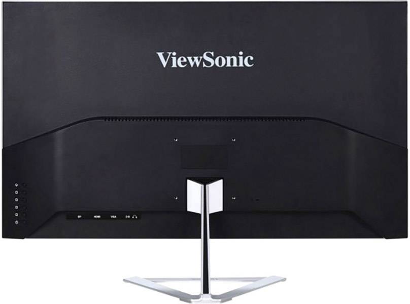 Ein Monitor von hinten, Marke 'ViewSonic', auf einem silbernen Ständer.