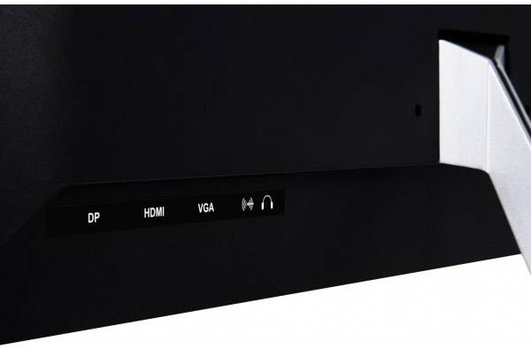 Seitliche Ansicht eines Computerbildschirms mit Anschlüssen: DP, HDMI, VGA und Kopfhöreranschluss.
