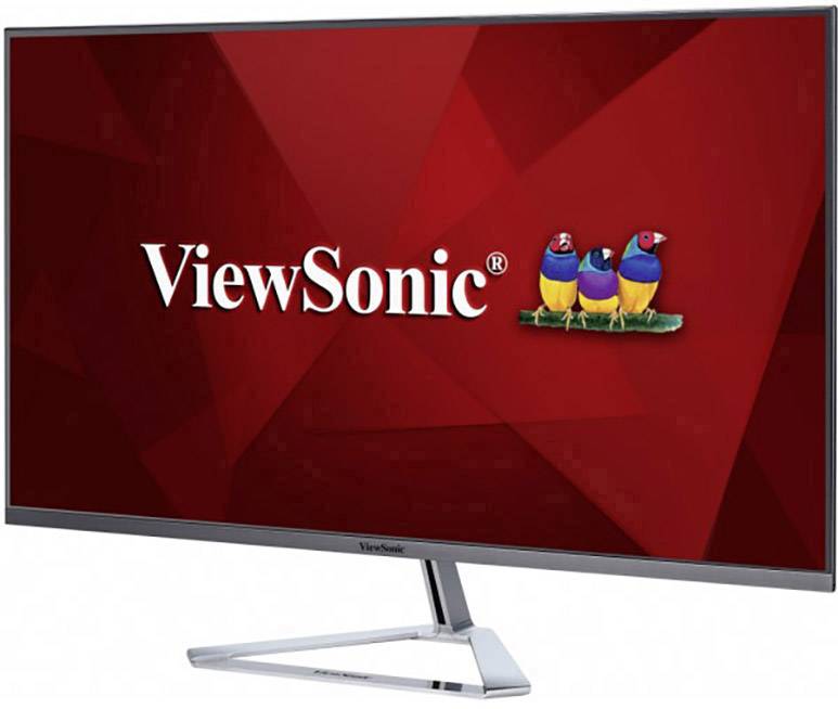 Ein Computerbildschirm mit der Aufschrift 'ViewSonic' und drei bunten Vögeln auf einem roten Hintergrund.