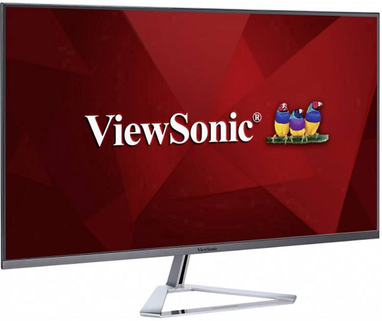 Ein Monitor von ViewSonic mit rot hinterlegtem Bildschirm und dem ViewSonic-Logo, bestehend aus drei bunten Vögeln.