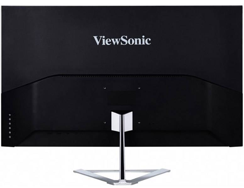 Rückseite eines schwarzen ViewSonic-Monitors mit silbernem Ständer, zeigt das Markenlogo zentral platziert.