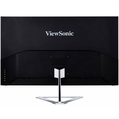 Rückseite eines schwarzen ViewSonic-Monitors mit silbernem Ständer, zeigt das Markenlogo zentral platziert.