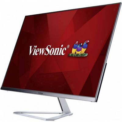 Flacher, silberner ViewSonic-Monitor mit diagonalem Standfuß und rotem Hintergrundbild, auf dem das ViewSonic-Logo angezeigt wird.