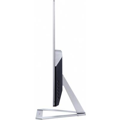 Seitliche Ansicht eines ultra-dünnen Computerbildschirms mit modernem, schlankem Standfuß.