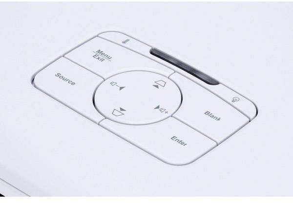 Bedienfeld eines Projektors mit Tasten für Menü, Quelle, Lautstärkeregelung, Leertaste und Eingabe zur Steuerung der Funktionen.