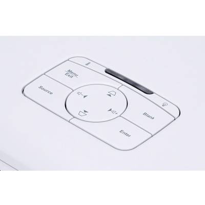 Nahaufnahme eines Projektor-Bedienfelds mit Tasten wie 'Menu/Exit', 'Source', 'Enter', Pfeiltasten und Lautstärkeregler.