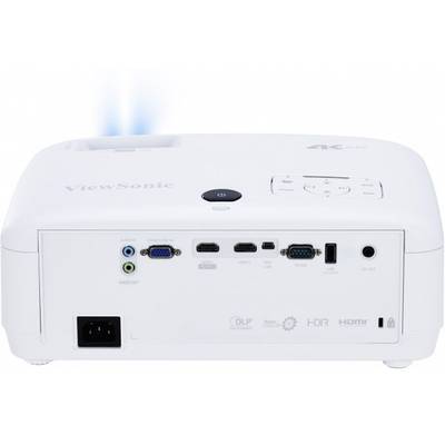 Weißer Projektor von hinten mit Anschlüssen: HDMI, VGA, USB, Audio und Netzstecker. Oben Bedientasten und belüftete Öffnung rechts.