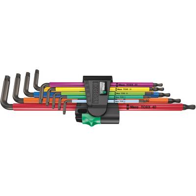 Ein Set von farbigen Winkelschlüsseln in einer Halterung, beschriftet mit Größen von TORX 10 bis TORX 40.