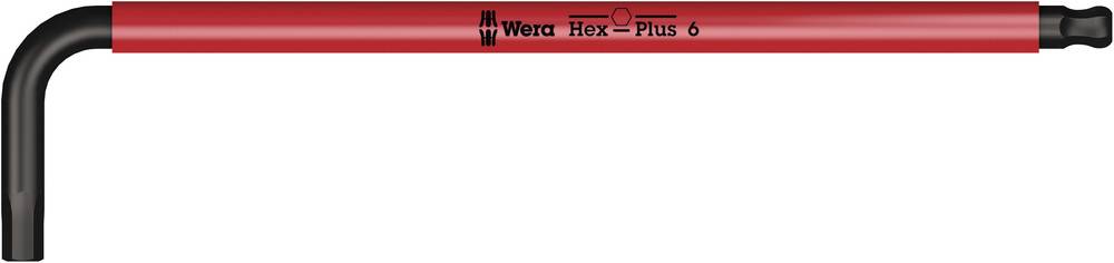 Roter Winkelschlüssel mit schwarzer Spitze, Marke Wera, mit Aufschrift 'Hex-Plus 5'.