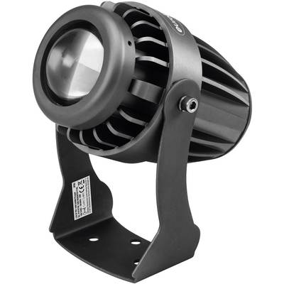 Schwarzer LED-Strahler mit zylindrischem Gehäuse und verstellbarer Halterung. Ideal zur Beleuchtung von Außenbereichen.