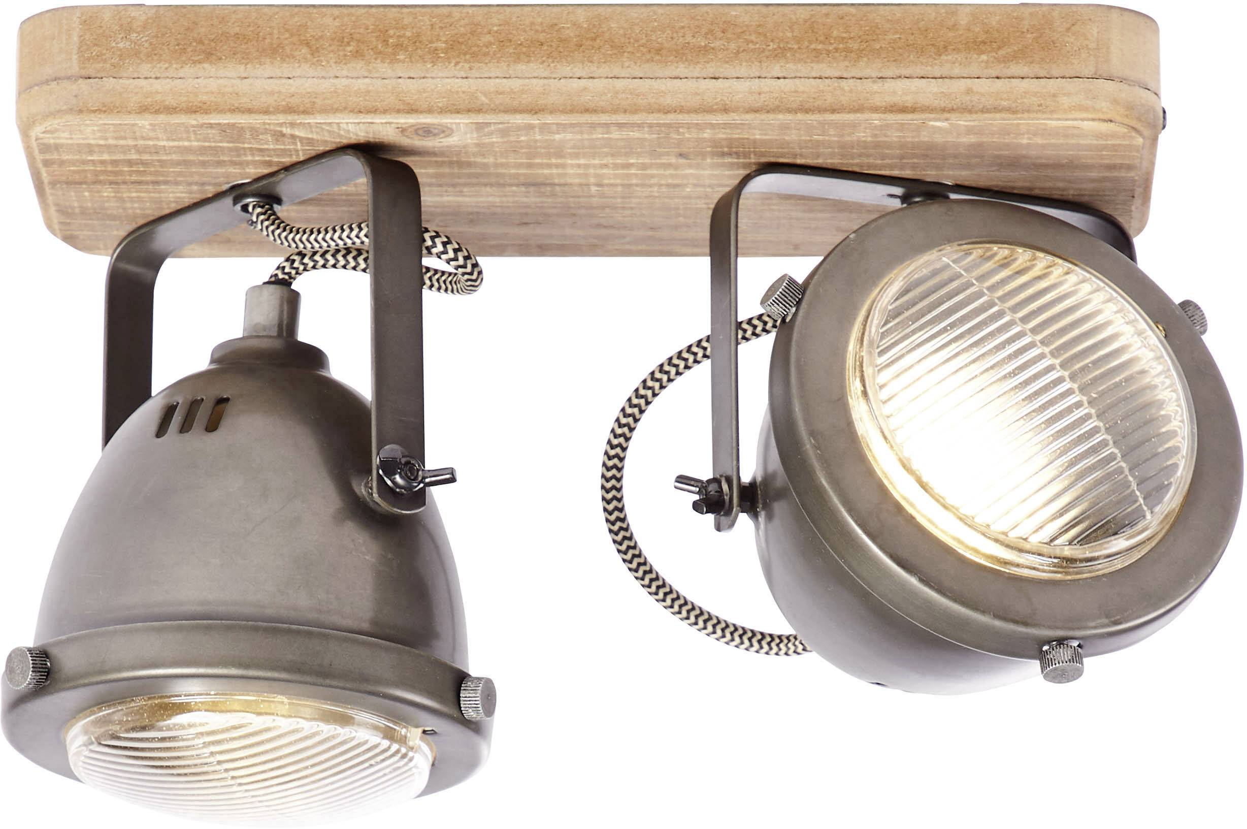 Zwei industrielle Deckenstrahler aus Metall und Holz mit sichtbaren Kabeln.