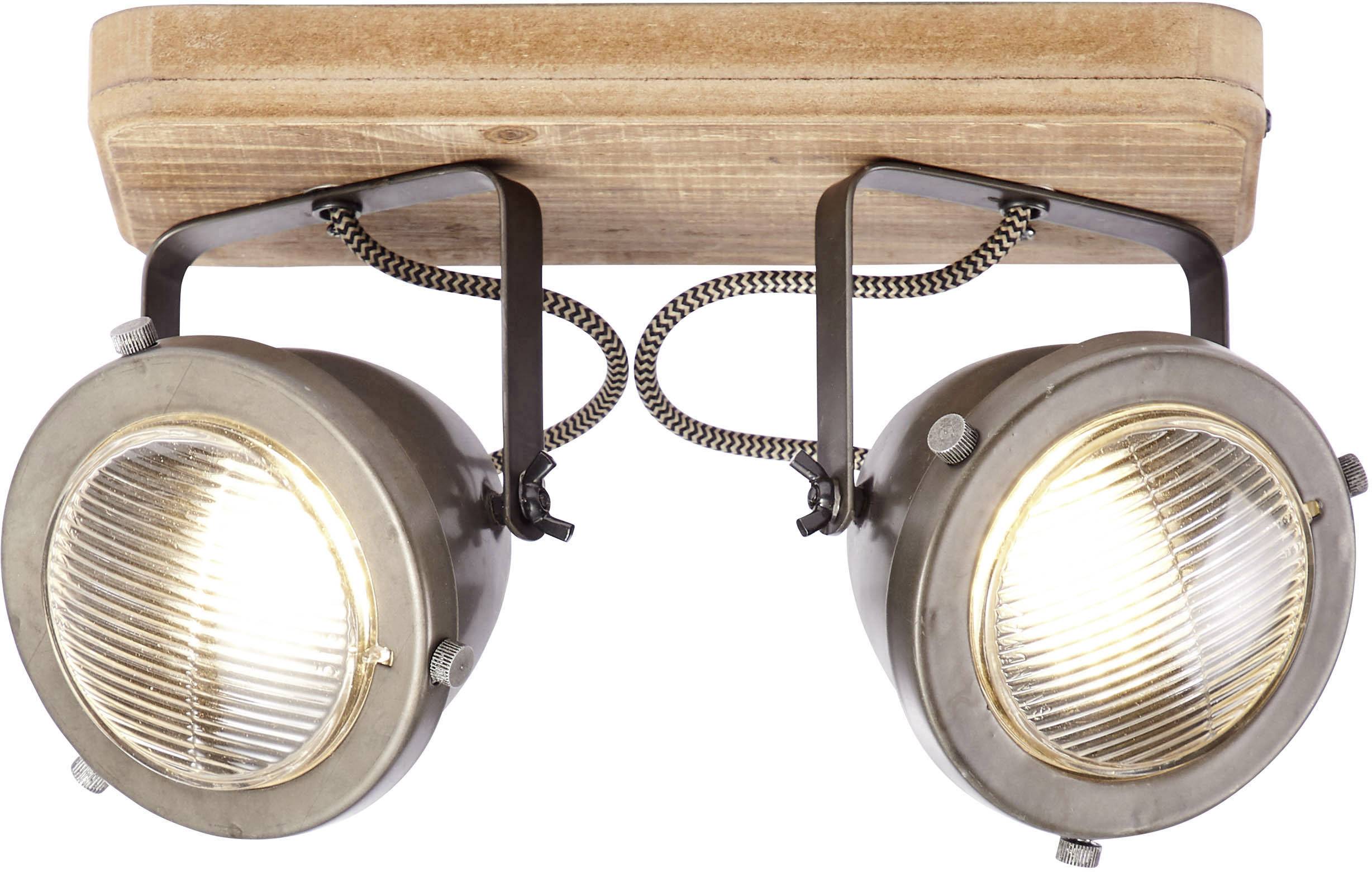 Zwei industrielle Deckenstrahler mit holzartiger Basis. Die Lampen haben einen metallischen, retro-industriellen Look.