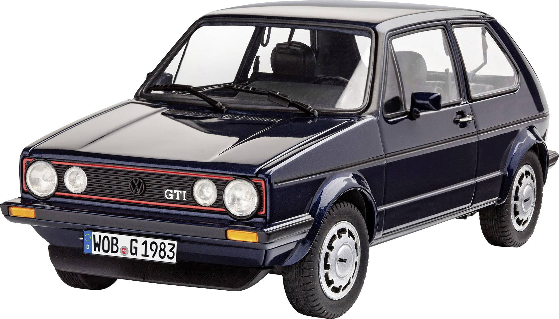 Ein schwarzer Volkswagen Golf GTI der 1980er Jahre, frontseitige Ansicht, im Retro-Stil.