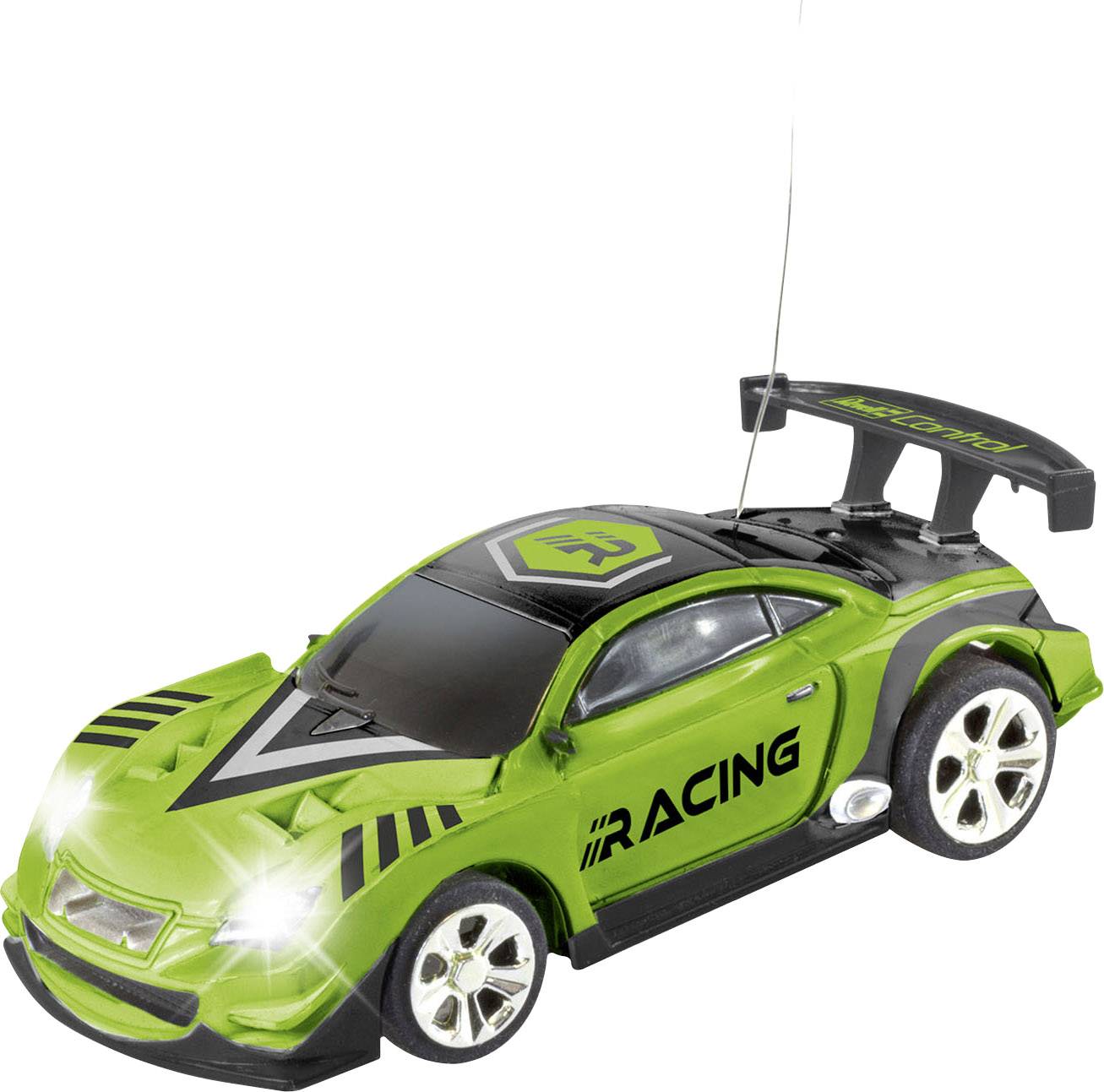 Grünes ferngesteuertes Spielzeugauto auf weißem Hintergrund, mit Schriftzug 'Racing' an der Seite und auffälligem Spoiler.