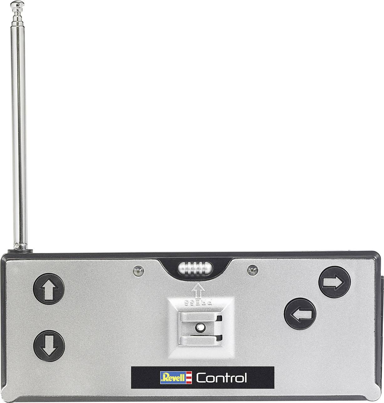 Eine silberne Fernbedienung mit Antenne und vier Richtungstasten für ein RC-Fahrzeug, mit dem Logo 'Revell Control'.