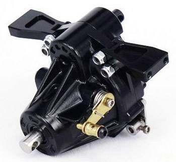 Schwarzes mechanisches Bauteil mit zylinderförmigem Gehäuse und Anbauteilen, vermutlich ein Teil eines Fahrzeugs oder Gerätes.