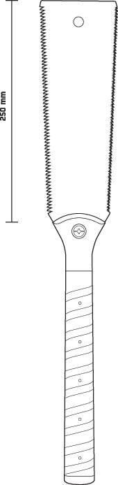Illustration einer Handsäge: Gesamt 491mm lang, mit gezahntem Sägeblatt. Griff mit Schrauben fixiert.