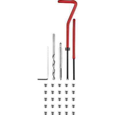 Reparatursatz für Gewinde besteht aus einem Bohrer, Gewindebohrer, zwei roten Griffstücken und mehreren Metalleinsätzen.