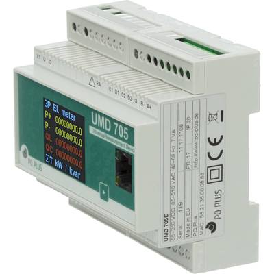 Ein elektrisches Messgerät, Modell UMD 705, zeigt auf einem Display Werte für Spannung, Strom und Energieverbrauch an.