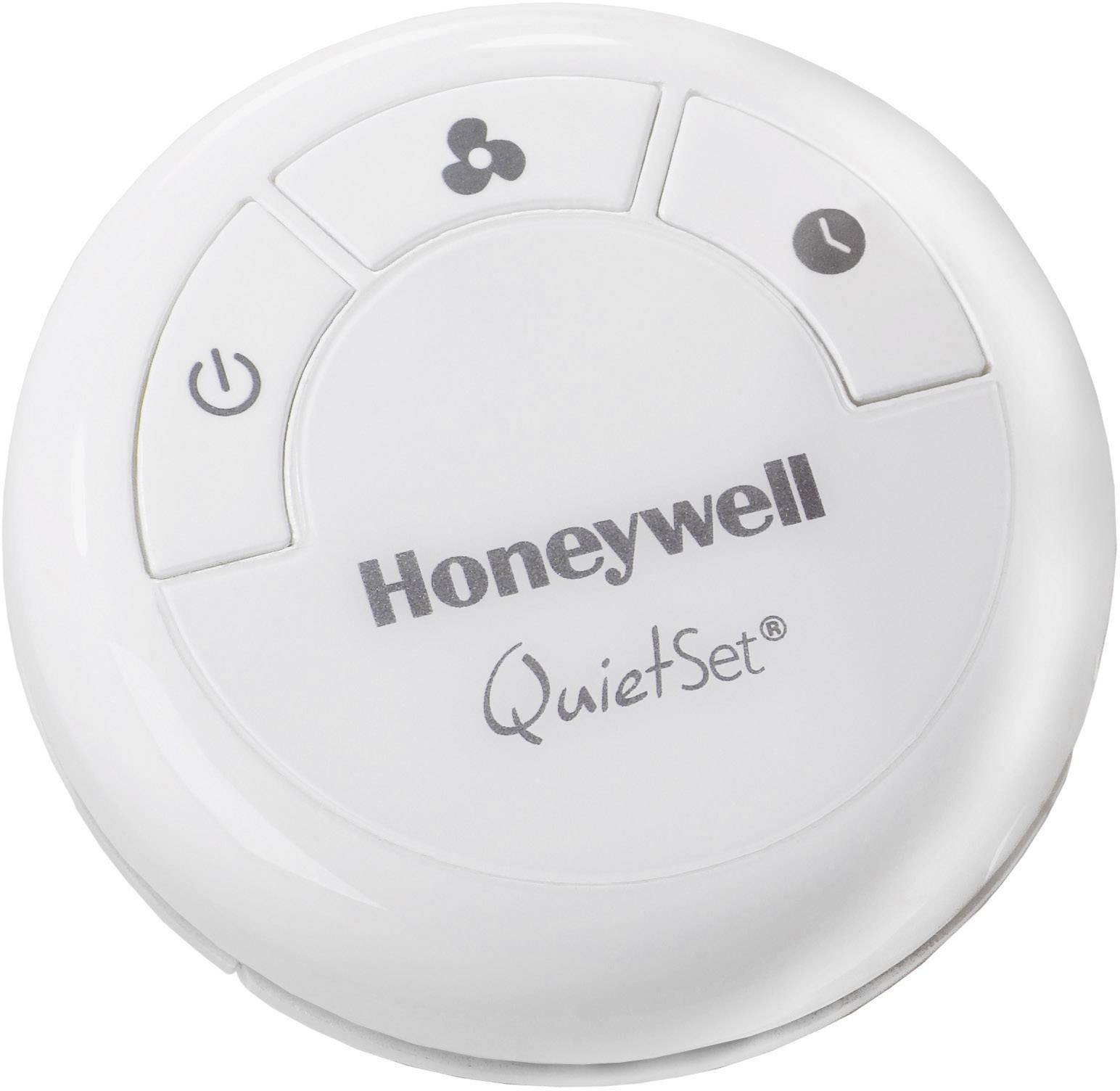 Rundes Bedienfeld eines Ventilators mit drei Tasten: Ein/Aus, Lüftergeschwindigkeit und Timer. Aufschrift: 'Honeywell QuietSet'.