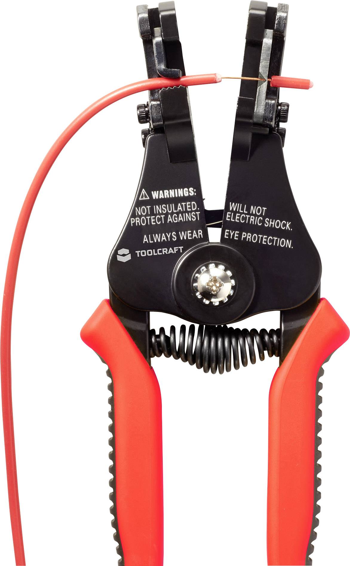Schwarz-rote Abisolierzange für Kabel, mit Warnhinweisen: 'Nicht isoliert, schützt nicht vor elektrischem Schlag. Immer Augenschutz tragen.'
