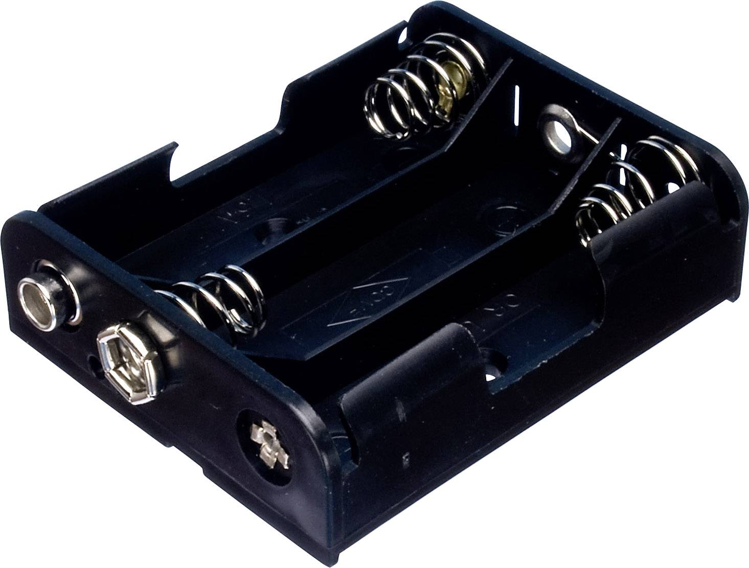 Ein schwarzes Batteriefachhalter mit Anschlussfedern, geeignet für zwei AA-Batterien.
