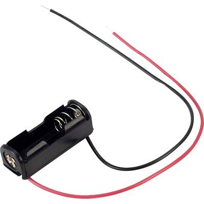 Ein schwarzer Batteriefachhalter für eine AA-Batterie, mit roten und schwarzen Drähten zum Anschließen an ein elektronisches Gerät.