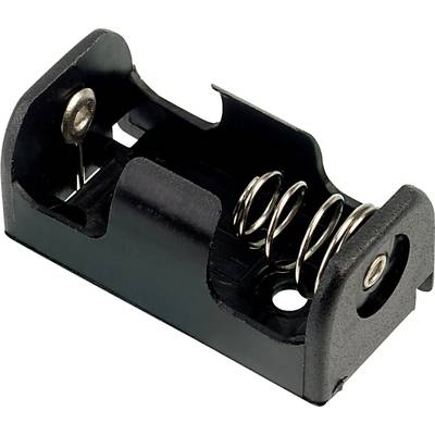 Schwarzer Batteriehalter aus Kunststoff, geeignet für eine AA-Batterie, mit Metallfedern an beiden Enden zur Sicherung der Batterie.