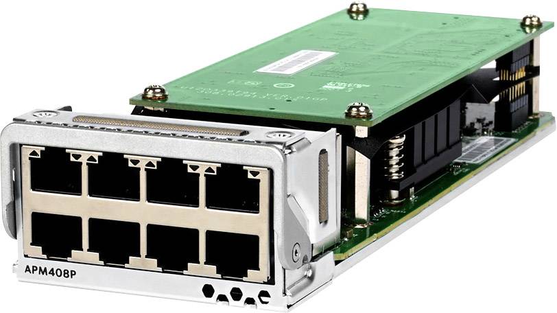 Ein grünes Computer-Netzwerkmodul mit acht schwarzen Ethernet-Anschlüssen an der Vorderseite, das für die Verbindung von Geräten genutzt wird.