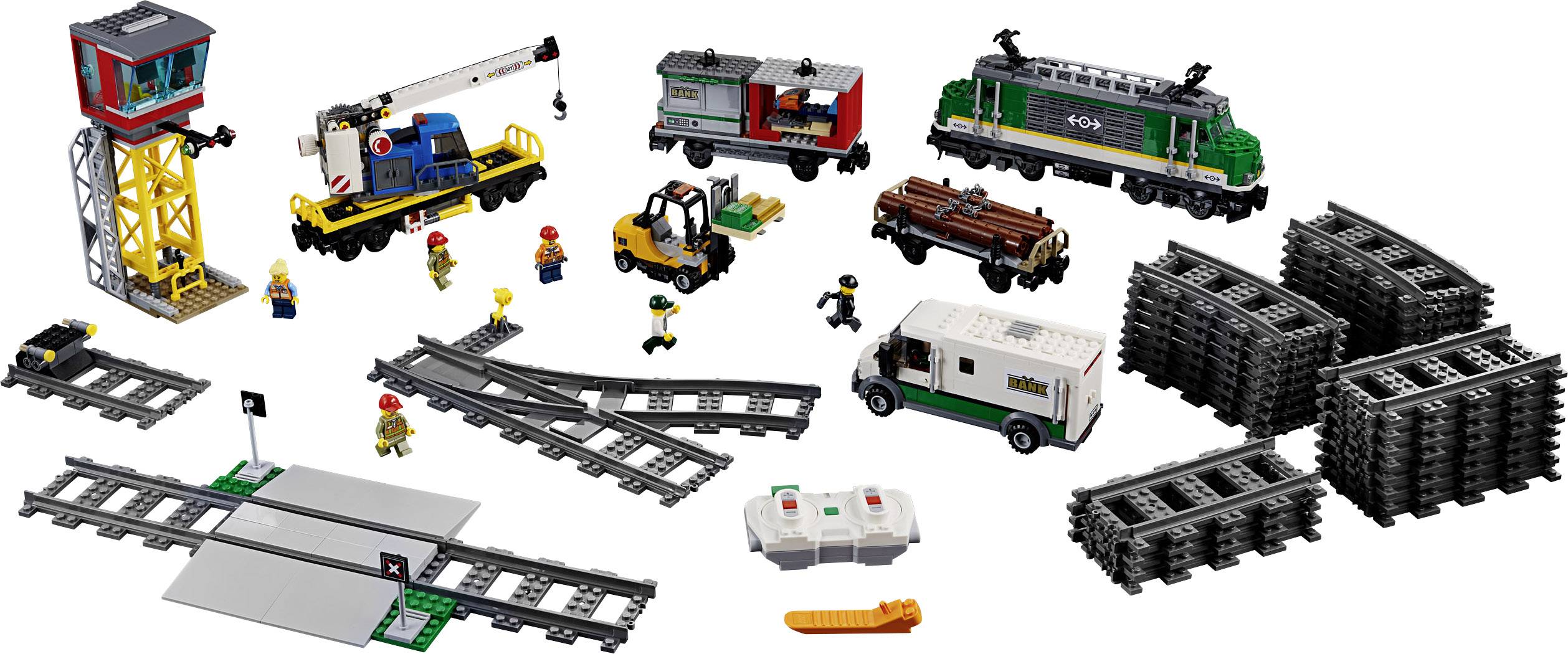 LEGO-Eisenbahnset mit Schienen, Zug, Kran, Transportfahrzeugen, Figuren und Zubehörteilen. Enthält Werkzeuge und verschiedene Bauoptionen.