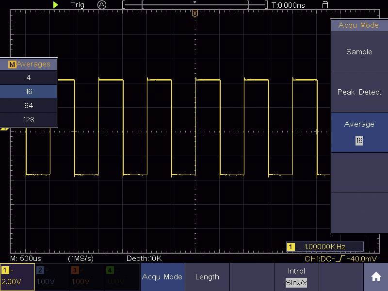 'Oszilloskop-Bildschirm mit Rechtecksignal, 1 MHz Frequenz, 2 V Amplitude, Durchschnittlich 16 Zyklen, Erfassungsmodus ausgewählt.'