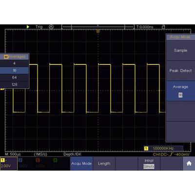 'Oszilloskop-Bildschirm mit Rechtecksignal, 1 MHz Frequenz, 2 V Amplitude, Durchschnittlich 16 Zyklen, Erfassungsmodus ausgewählt.'