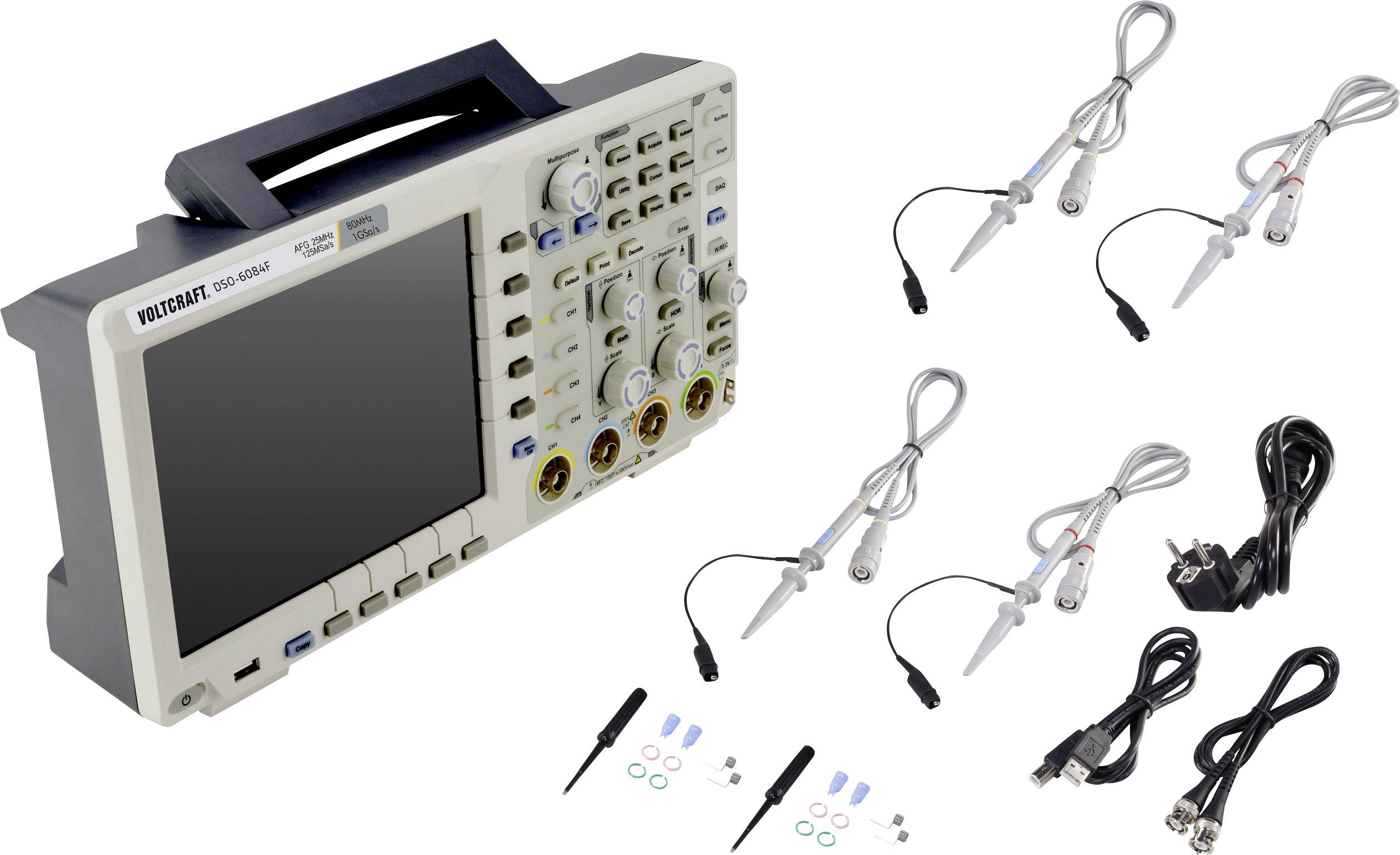 Digitaloszilloskop mit Tragegriff, vier Sonden, Netzkabel und Zubehörset. Eignet sich zur Analyse elektronischer Signale.