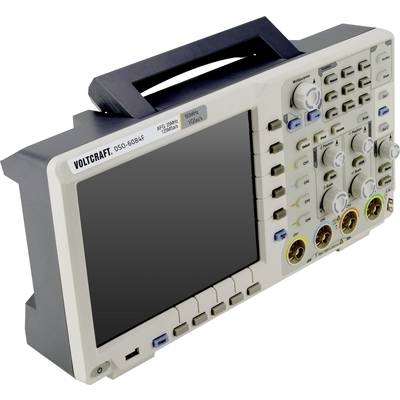 Ein digitales Oszilloskop mit Bildschirm und Bedienelementen, Modell Voltcraft DSO-6084F, mit Tragegriff oben.