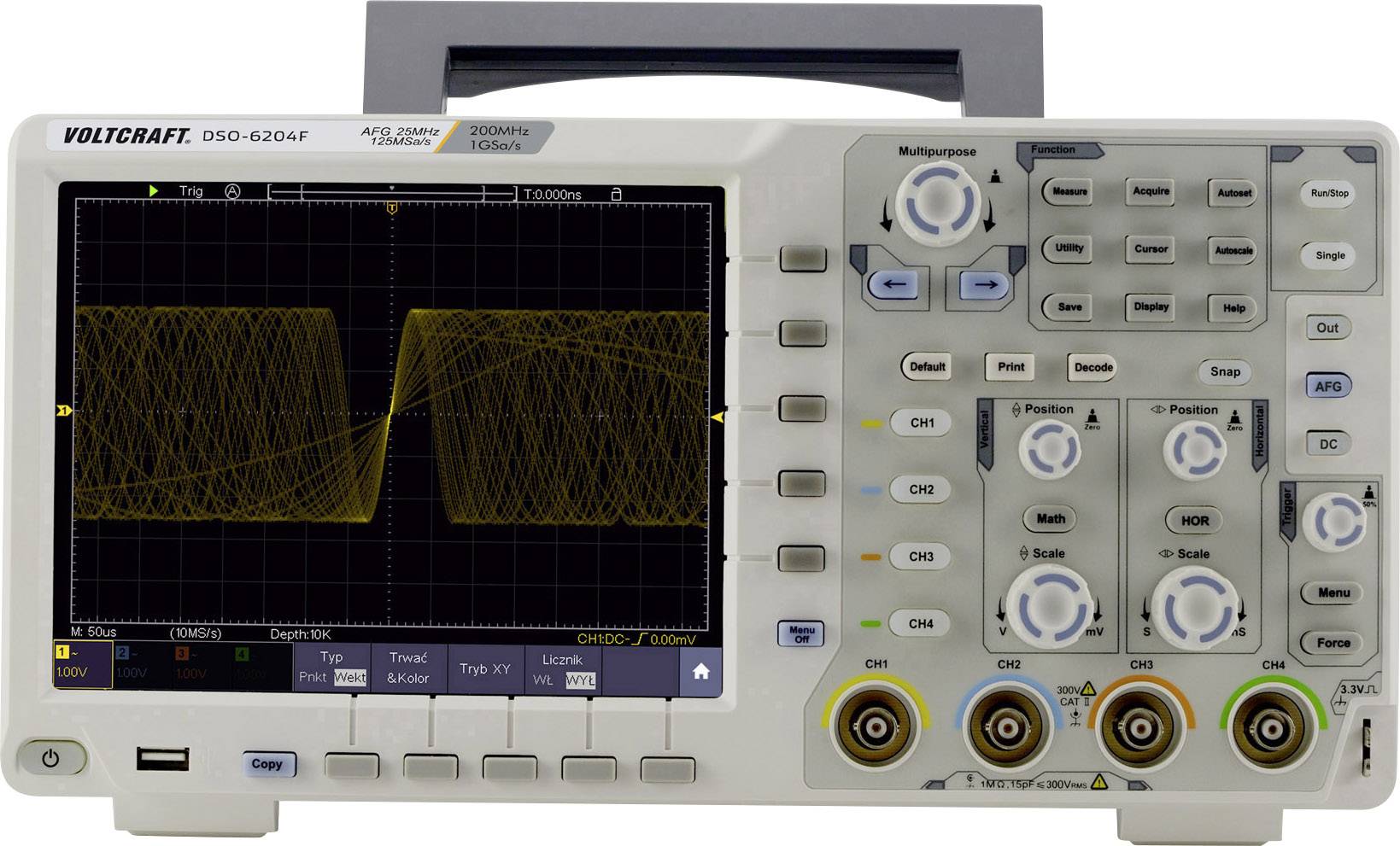 Ein Oszilloskop zeigt ein komplexes Wellenmuster auf dem Bildschirm. Es hat mehrere Bedienelemente und Anschlüsse auf der Vorderseite.