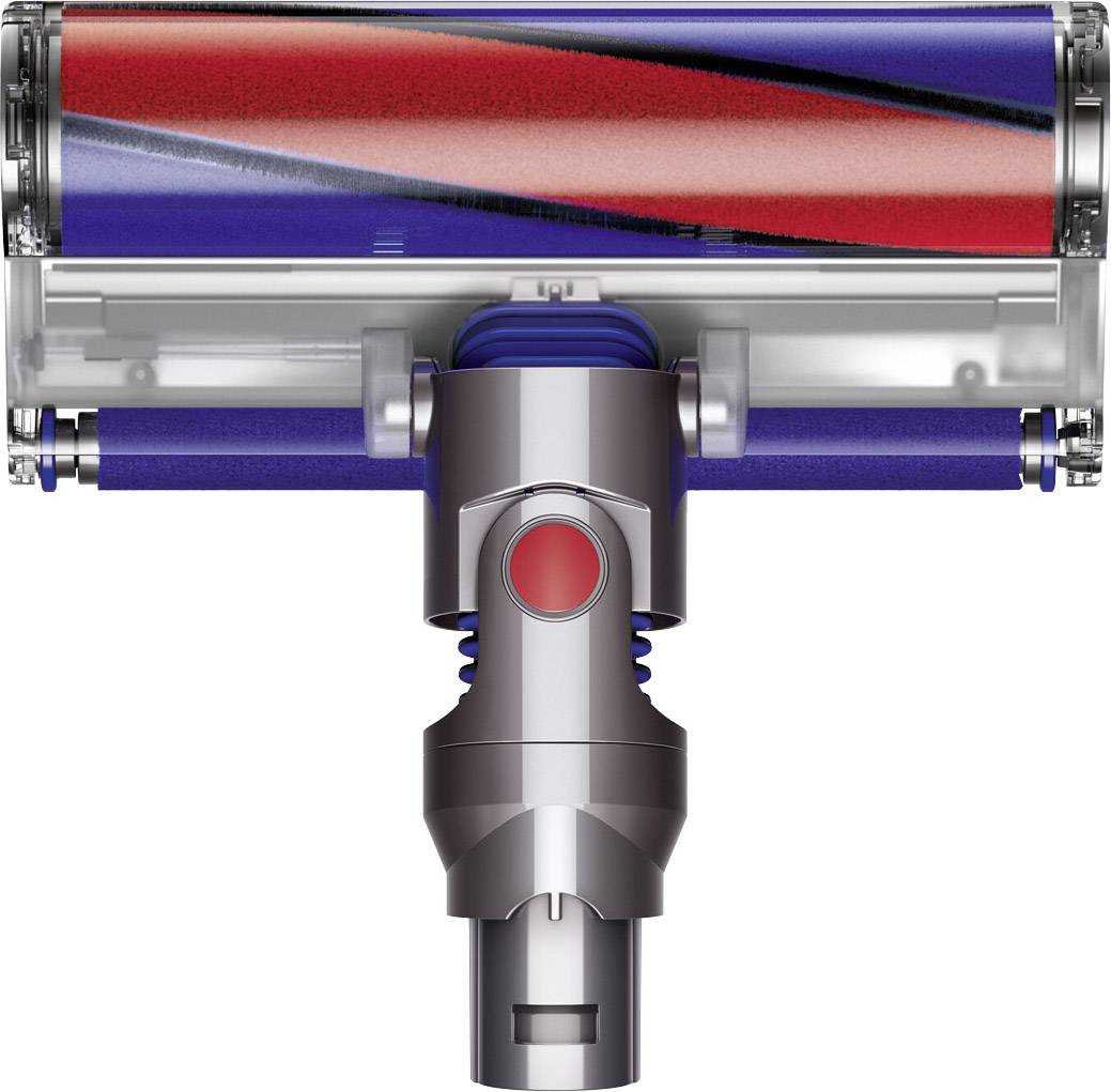 Ein Staubsaugerkopf mit roter und blauer Walzenbürste, geeignet für die Reinigung von Hartböden und Teppichen.