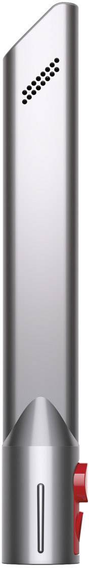 Schmales, silbernes Staubsaugerzubehör mit mehreren Lüftungsschlitzen oben und einer roten Taste an der Seite.