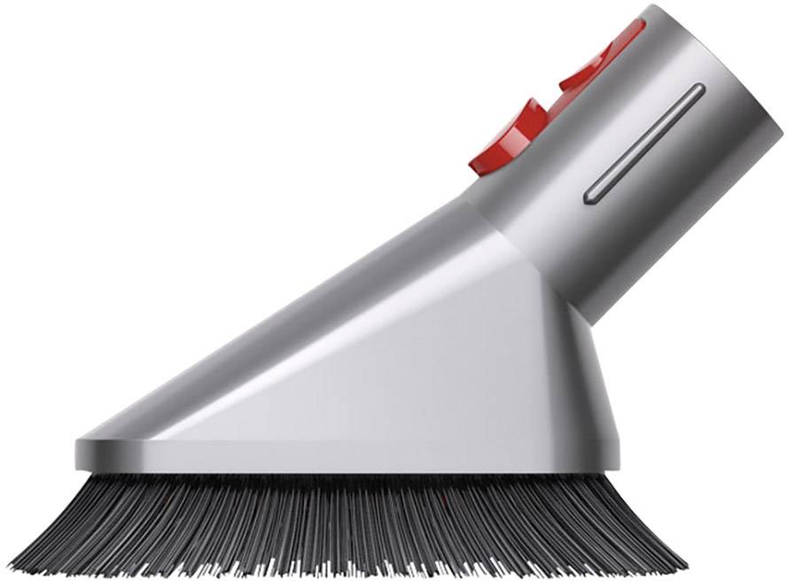 Staubsaugeraufsatz mit roten Knöpfen und dunklen Borsten. Geeignet zur Reinigung von Möbeln und empfindlichen Oberflächen.