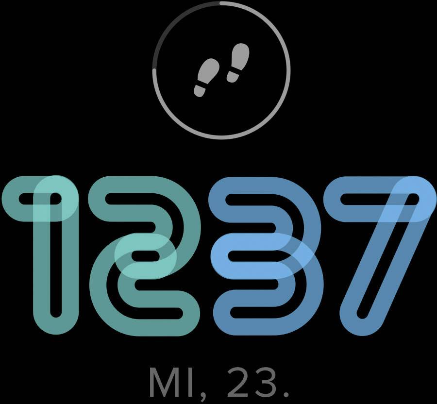 'Sportschuhsymbol oben zeigt Schritte; darunter steht 1237 Schritte, mit der Abkürzung MI für Meilen und die Zahl 23.'