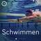 Ein Schwimmer mit Schwimmbrille und -kappe bewegt sich kraftvoll unter Wasser in einem Pool. Darunter steht der Text 'Schwimmen'.