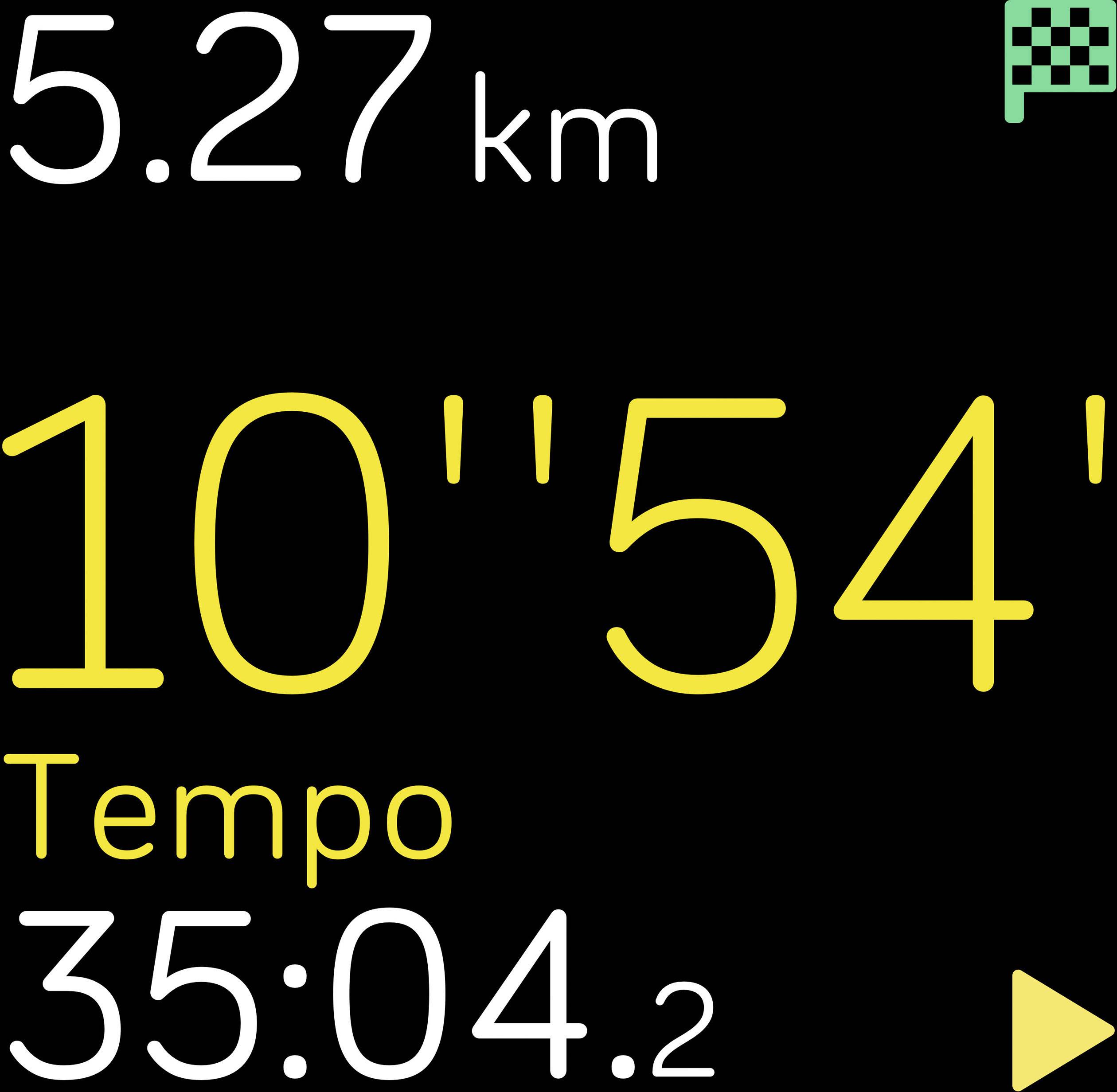 Lauf-App Bildschirm zeigt: Distanz 5,27 km, Zeit 35:04,2 Minuten, Tempo 10'54" pro km.