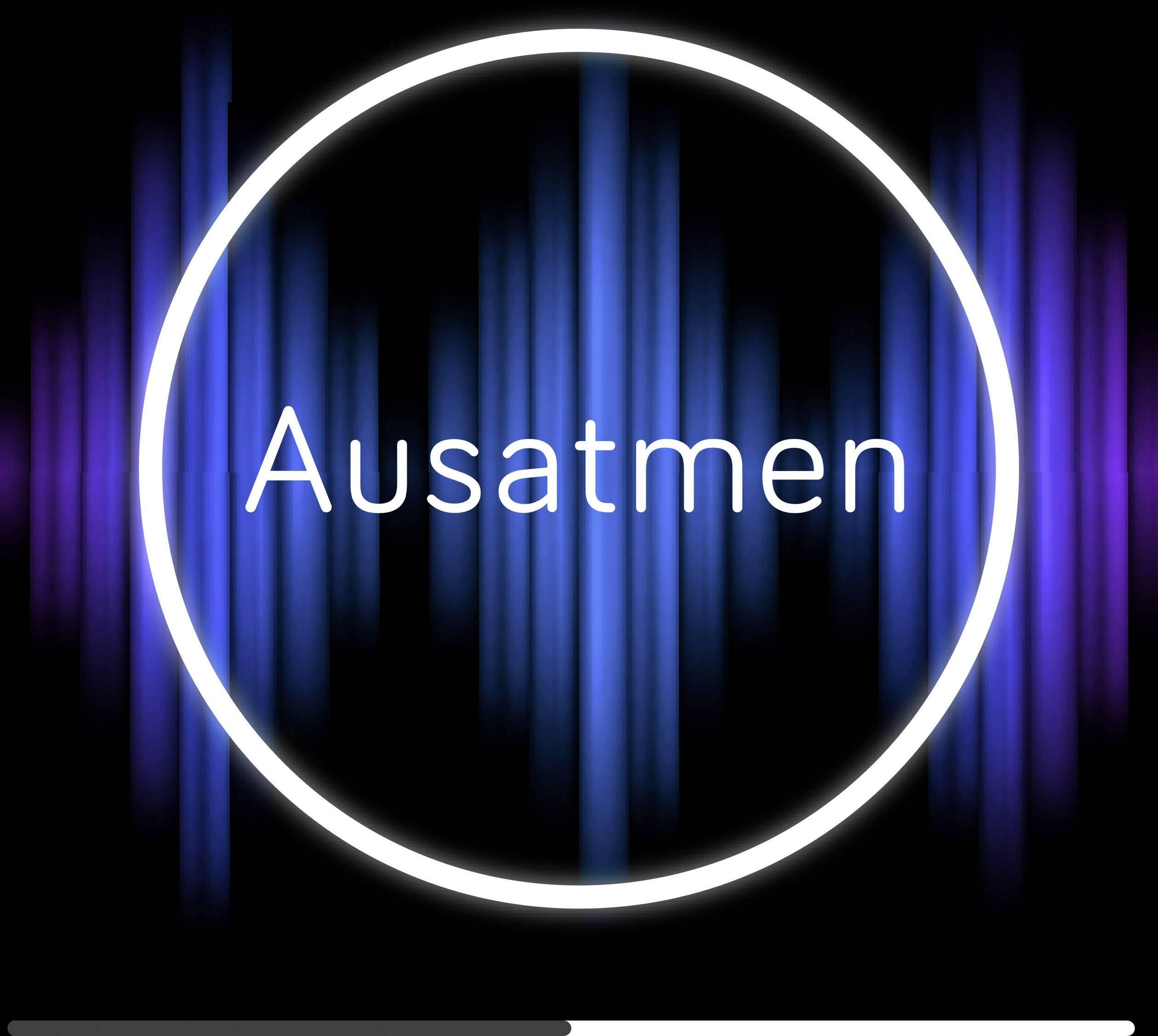 Kreis mit der Aufschrift 'Ausatmen' in der Mitte. Hintergrund zeigt blaue und lila Klangwellen auf schwarzem Grund.