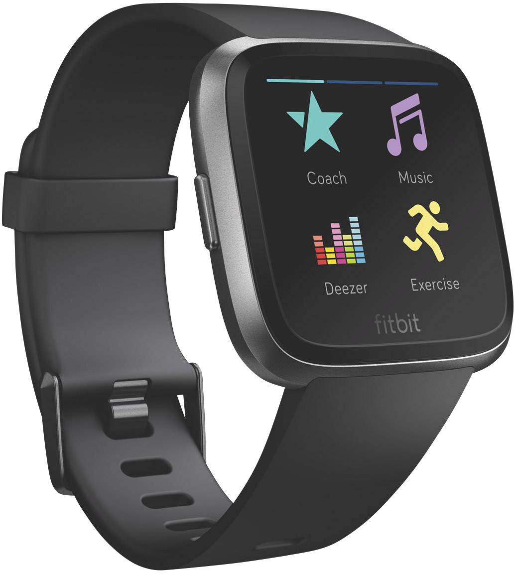 Eine schwarze Smartwatch zeigt Symbole für Coach, Musik, Deezer und Exercise auf dem Touchscreen an.