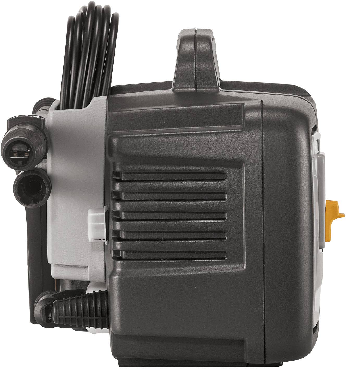 Schwarzes, rechteckiges Gerät mit Kabel und zwei Anschlüssen an der Seite. Vermutlich ein elektronisches Haushaltsgerät.