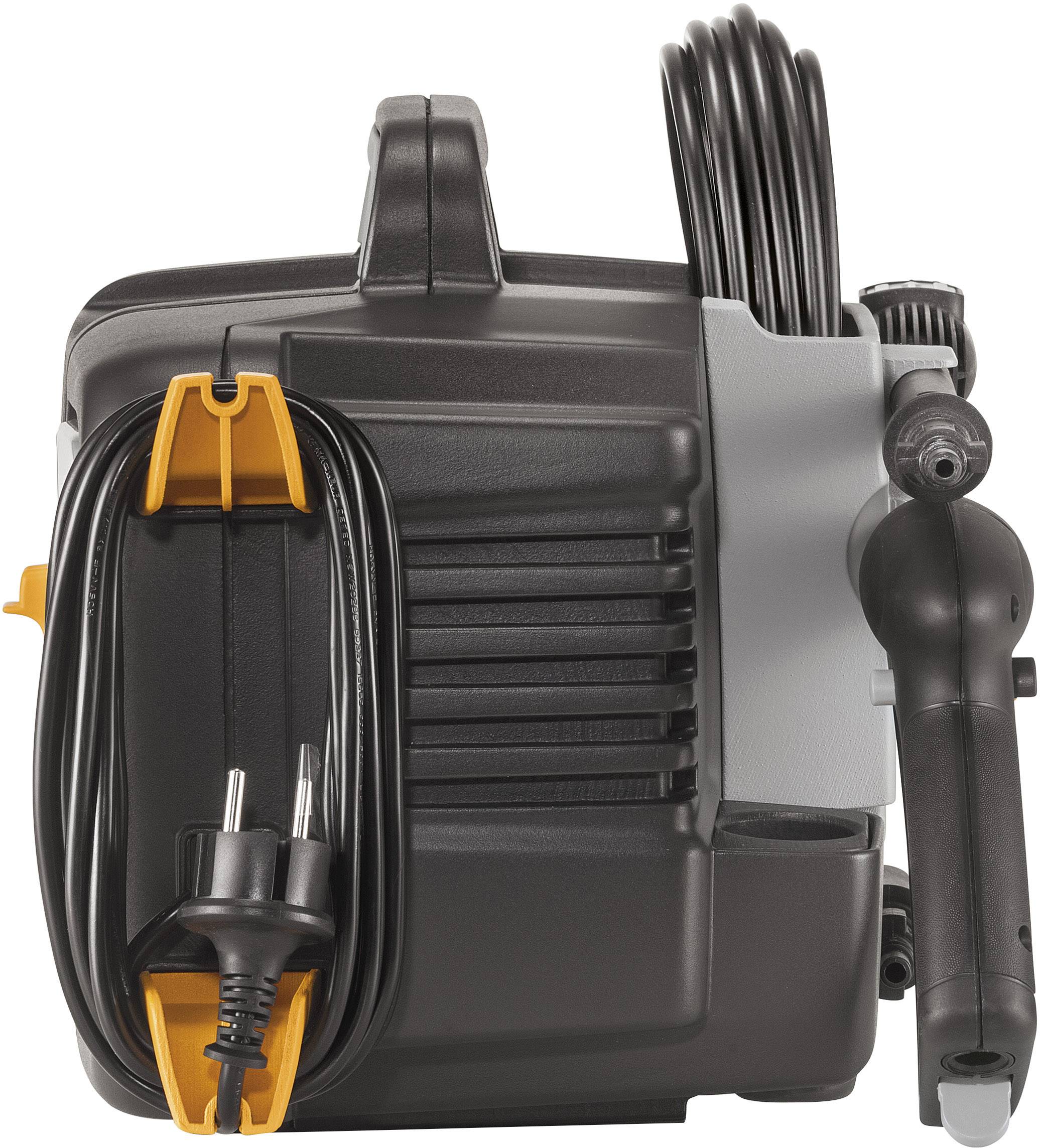 Ein tragbarer Hochdruckreiniger in Schwarz und Orange mit einem langen Kabel und Griff, ideal zur Reinigung von Außenflächen.