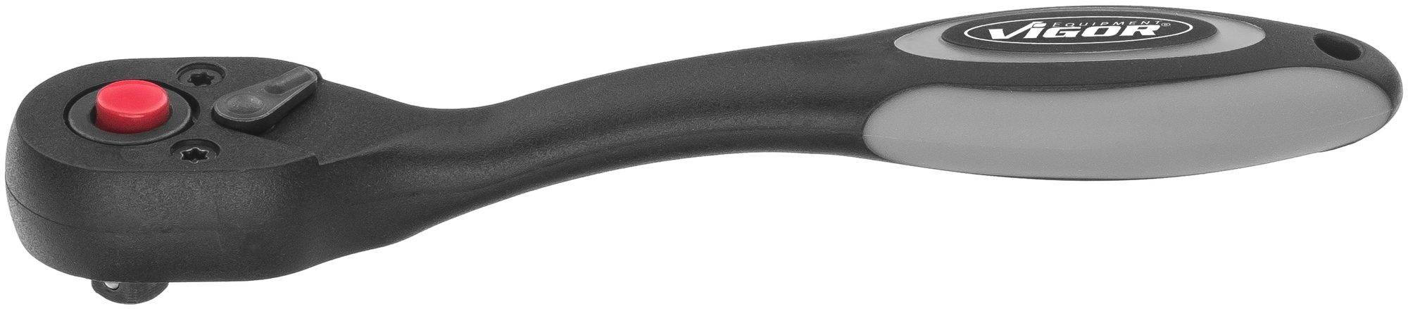 Ratsche mit ergonomischem Griff und rotem Knopf, geeignet für Schraubarbeiten.