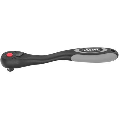 Ratsche mit ergonomischem Griff, schwarzem Hebel und rotem Knopf, geeignet für mechanische Anwendungen.