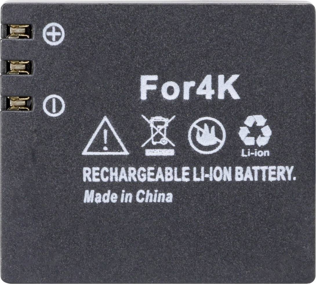 'For4K' Lithium-Ionen-Akku mit Warnsymbolen und Recyclingzeichen, hergestellt in China. Wiederaufladbar.