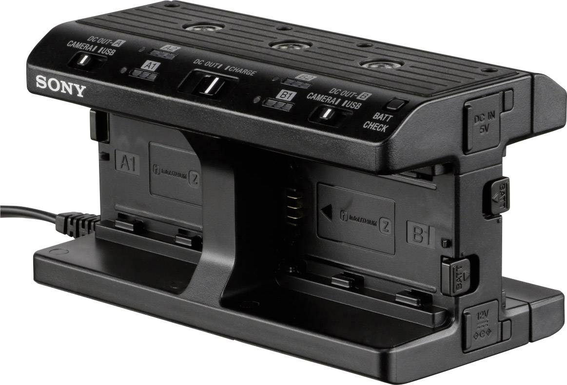 Ladegerät für Kamerabatterien mit mehreren Ladeplätzen und Kontrollanzeigen. Markenname auf der Oberseite sichtbar.